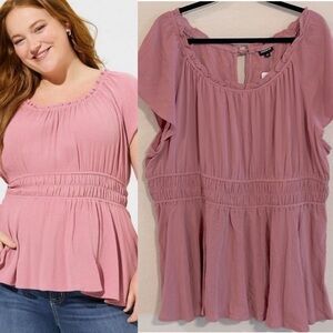 Torrid Women Peplum Top 3X Pink Tie Back Stretch Ruched Waist Short Sleeve